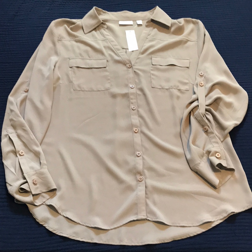 NWT New York & Company tan polyester button down collared blouse Size XL